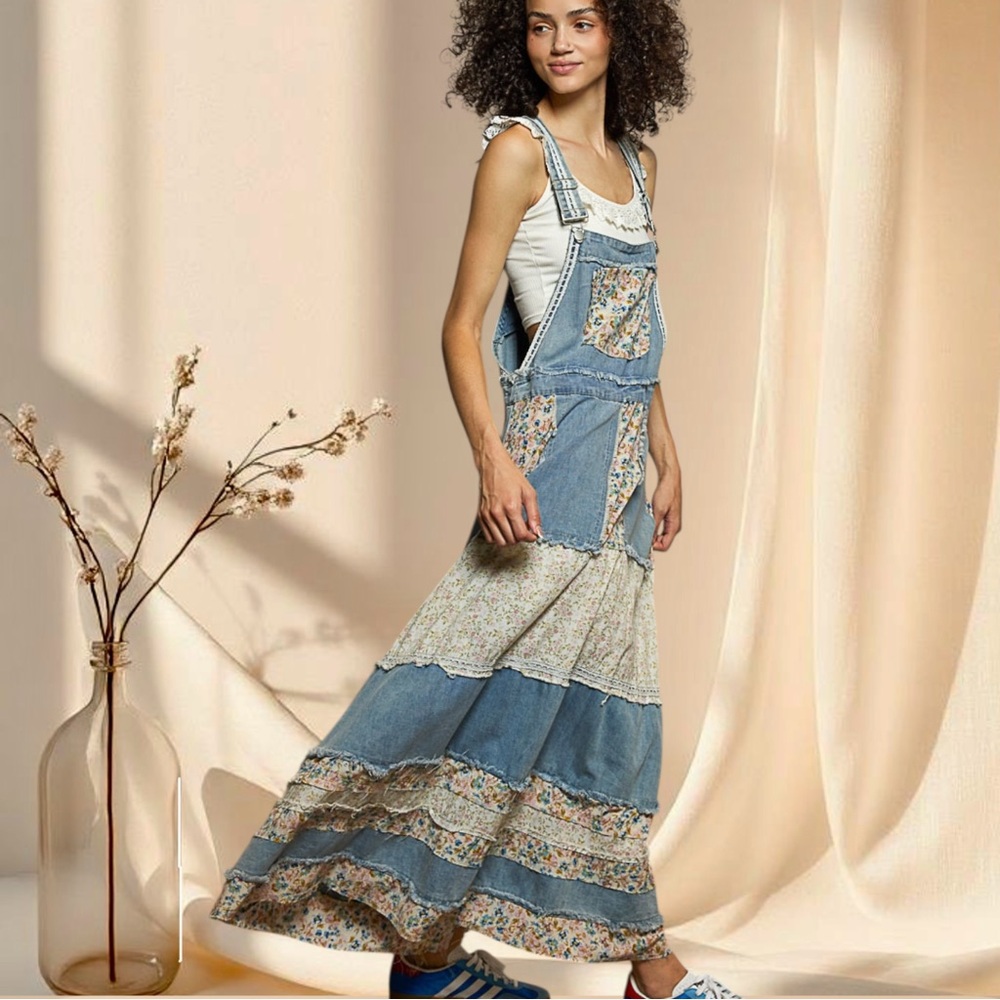 POL Denim Overall Maxi Dress | Patchwork Floral Lace - Picture 5 of 8